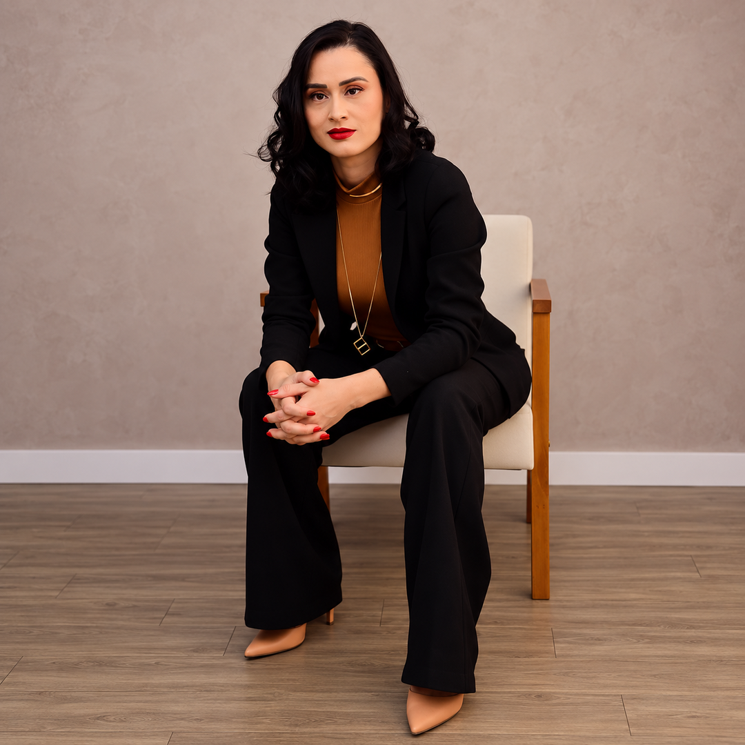 Retrato de Kadja Martins sentada, vestindo um conjunto preto